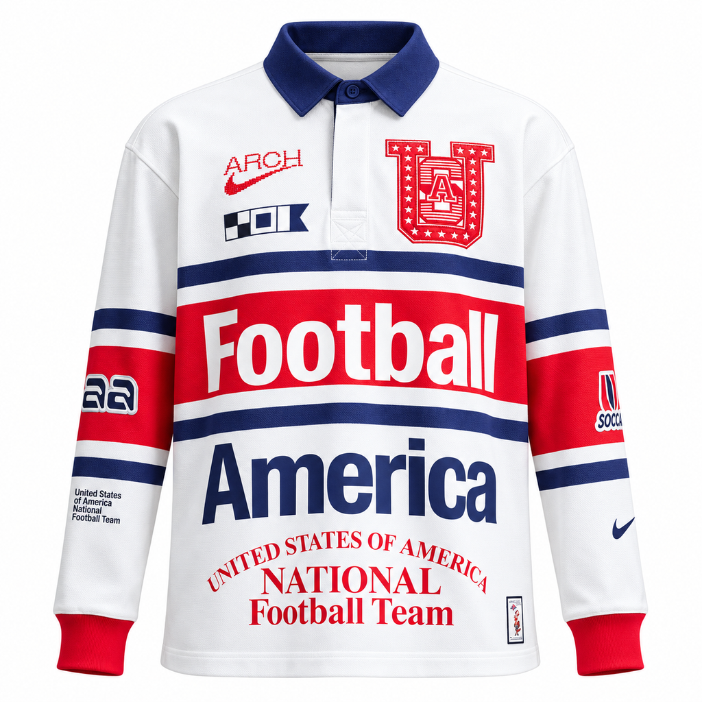 USA 2026 travel polo shirt front with Football America print
