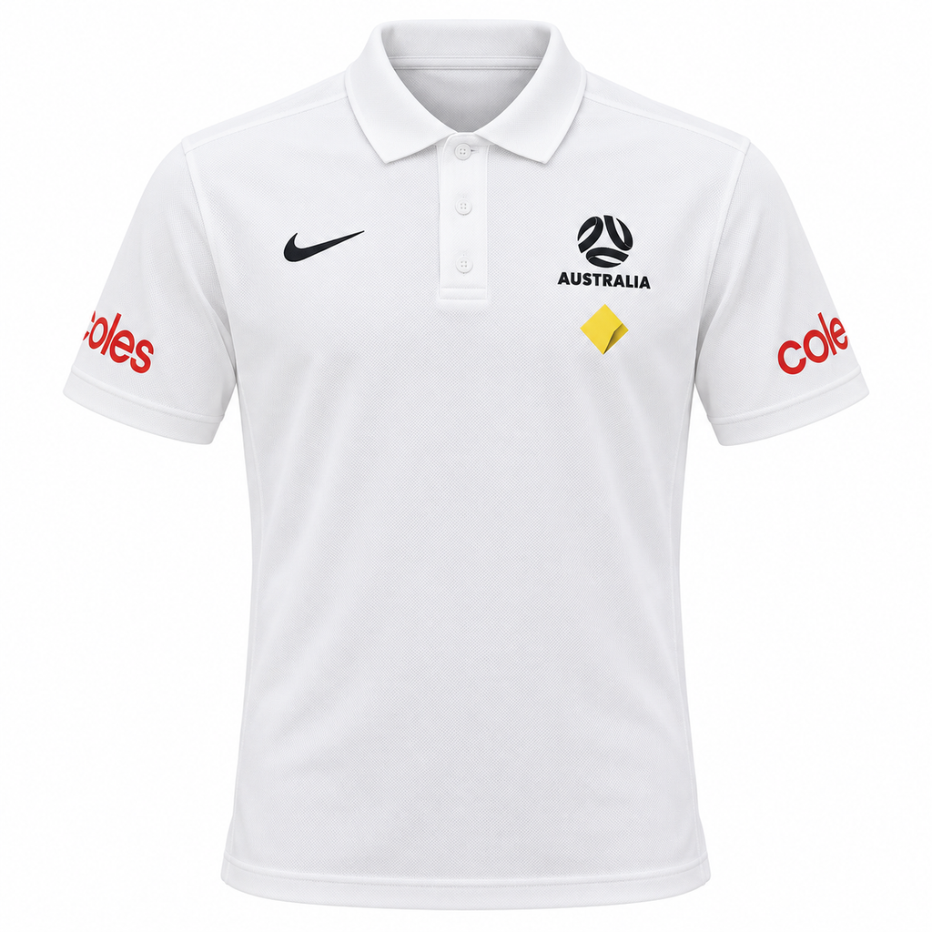 Australia 2026 travel polo shirt front, white with crest