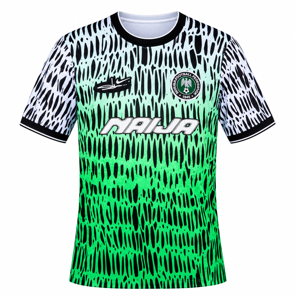 Nigeria 2026 pre-match shirt front with black, white and green pattern