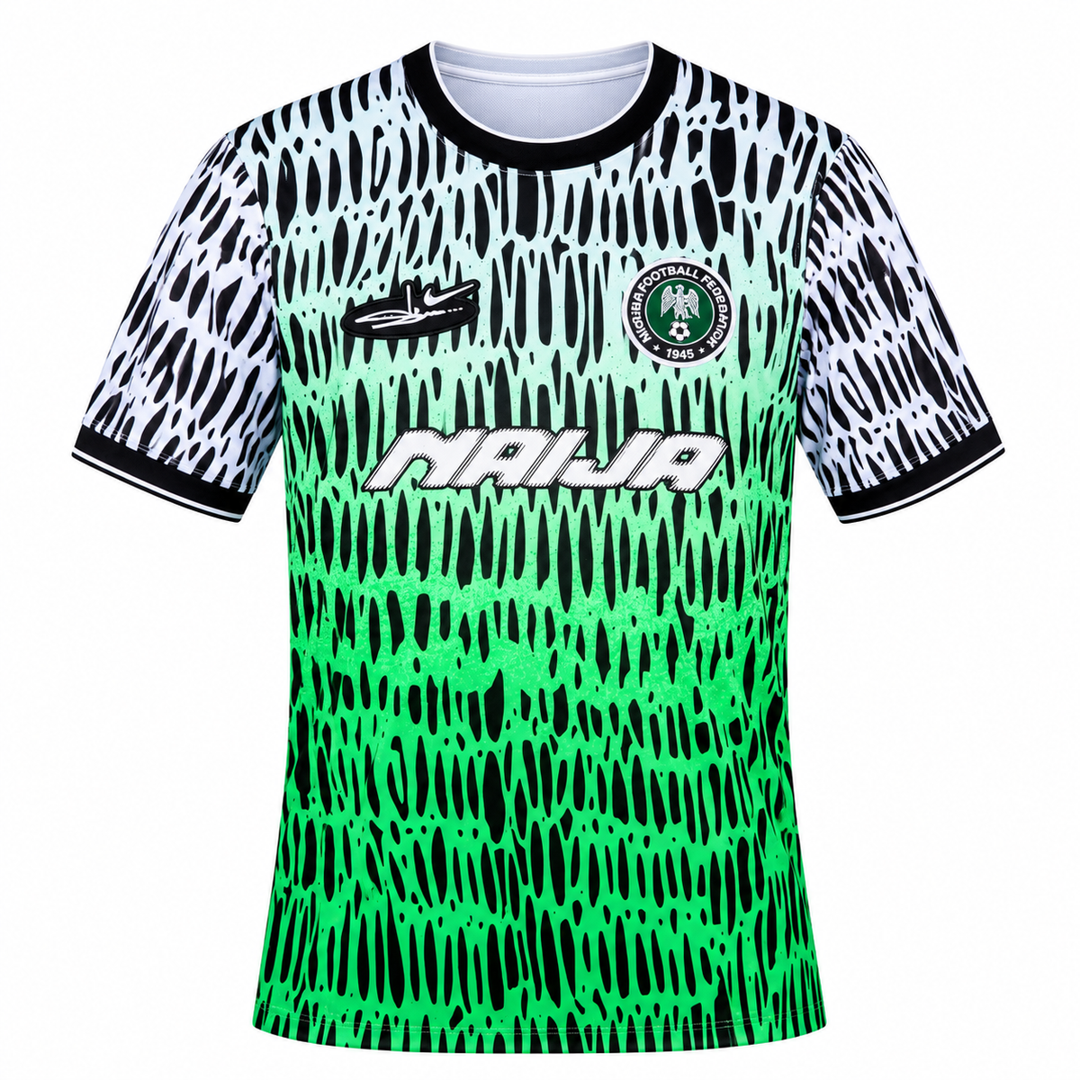 Nigeria 2026 pre-match shirt front with black, white and green pattern