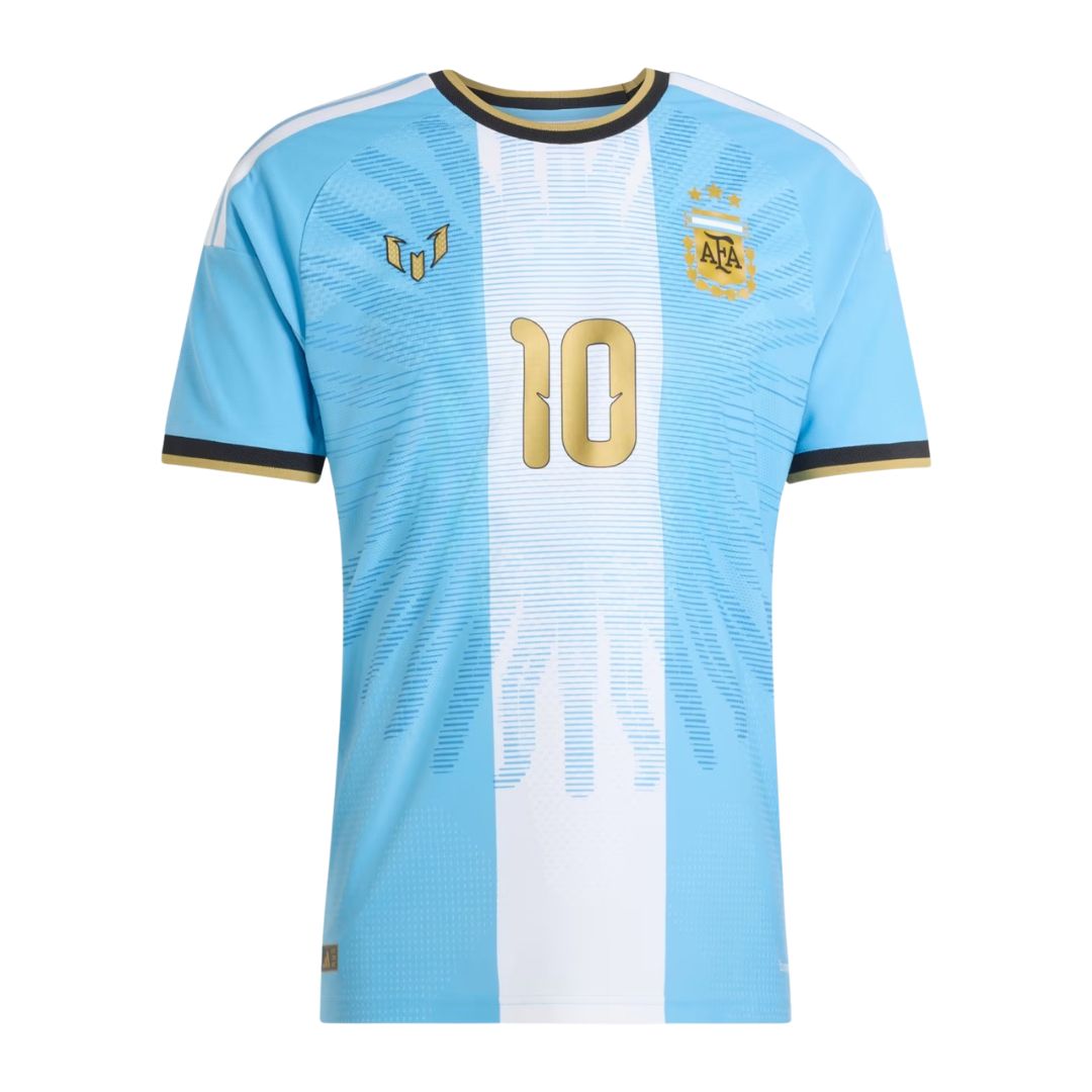 Argentina 2026-27 gold edition shirt front, sky blue and white with gold 10