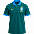 Brazil 2026 travel polo shirt front, dark green with sky blue collar