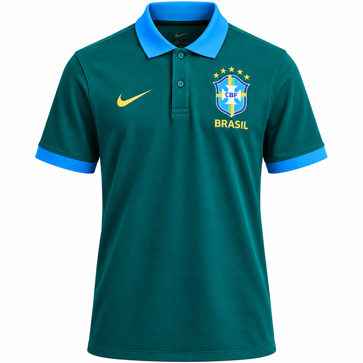 Brazil 2026 travel polo shirt front, dark green with sky blue collar
