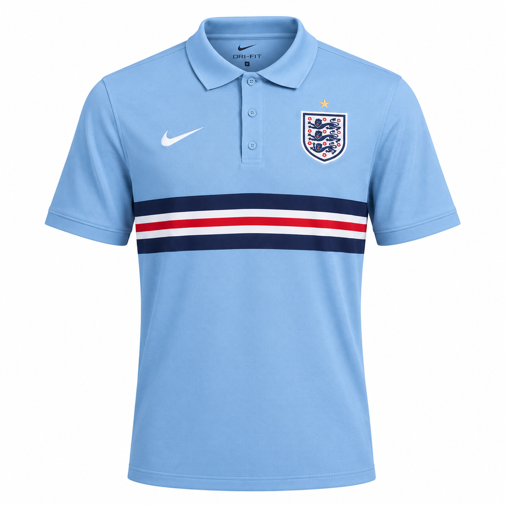 England 2026 travel polo shirt front, sky blue with chest stripes