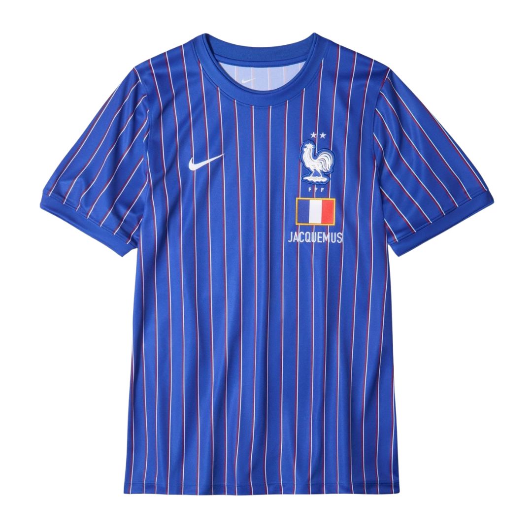 France 2026 pre-match shirt front, blue with white pinstripes