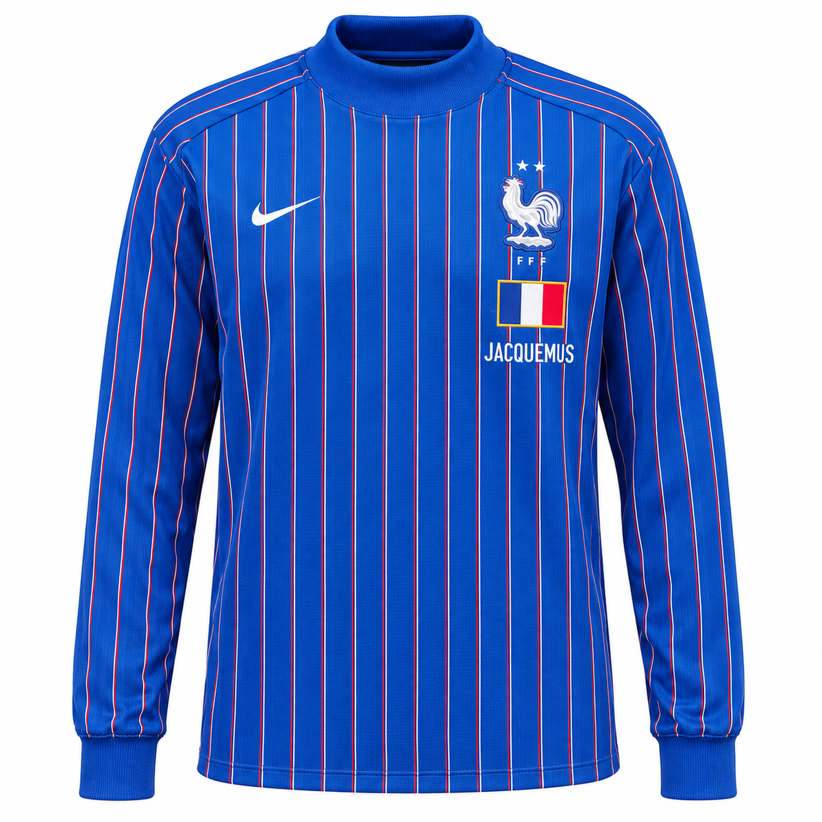 France 2026 pre-match sweatshirt front, blue with long sleeves and pinstripes