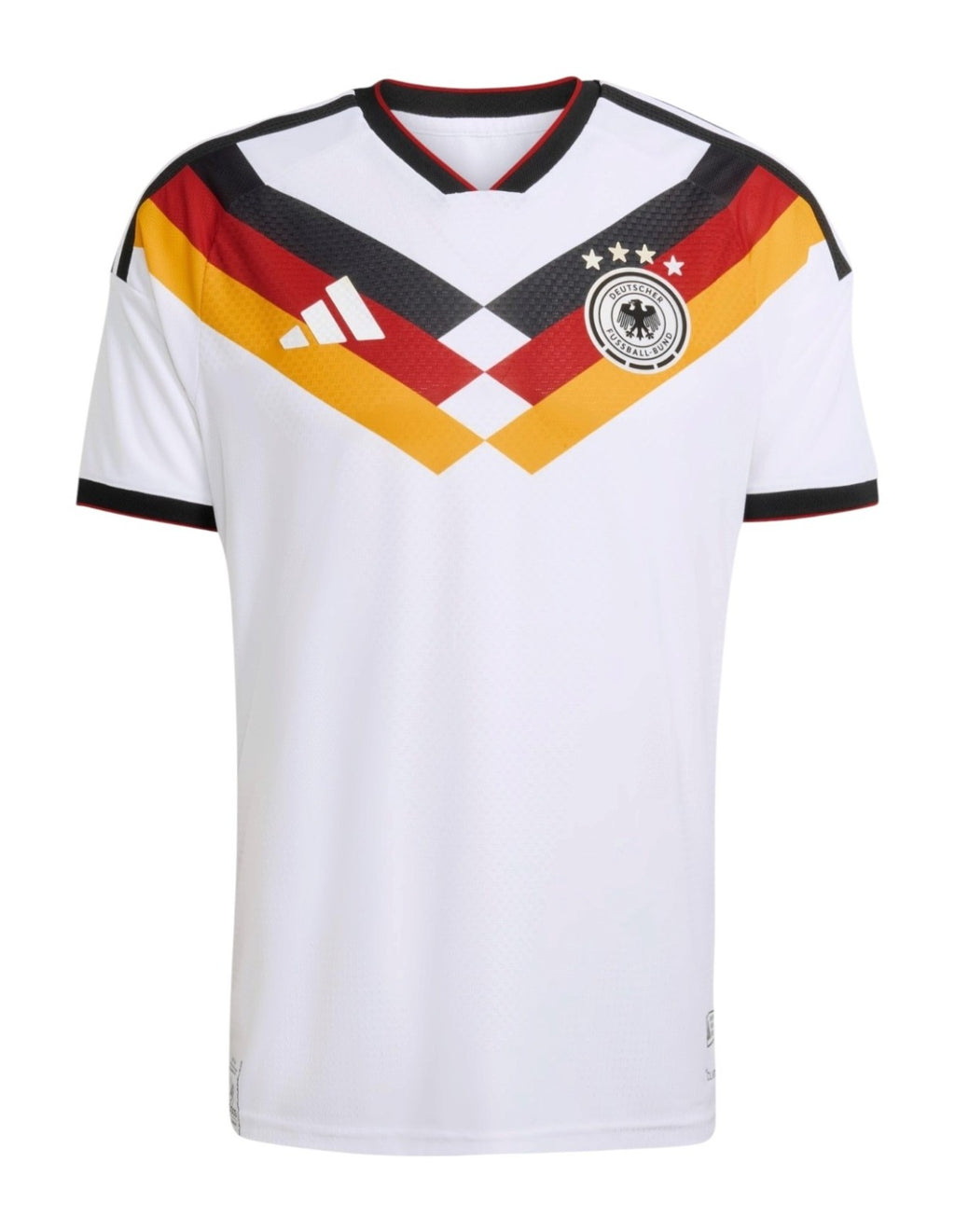 Germany 2026 home shirt front, white with black red gold diamond graphic