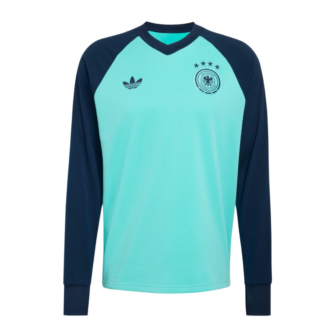 Germany 2026 pre-match away sweatshirt front, mint with navy sleeves