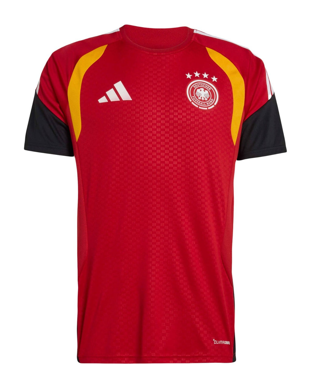 Germany 2026 red training shirt front with gold trim