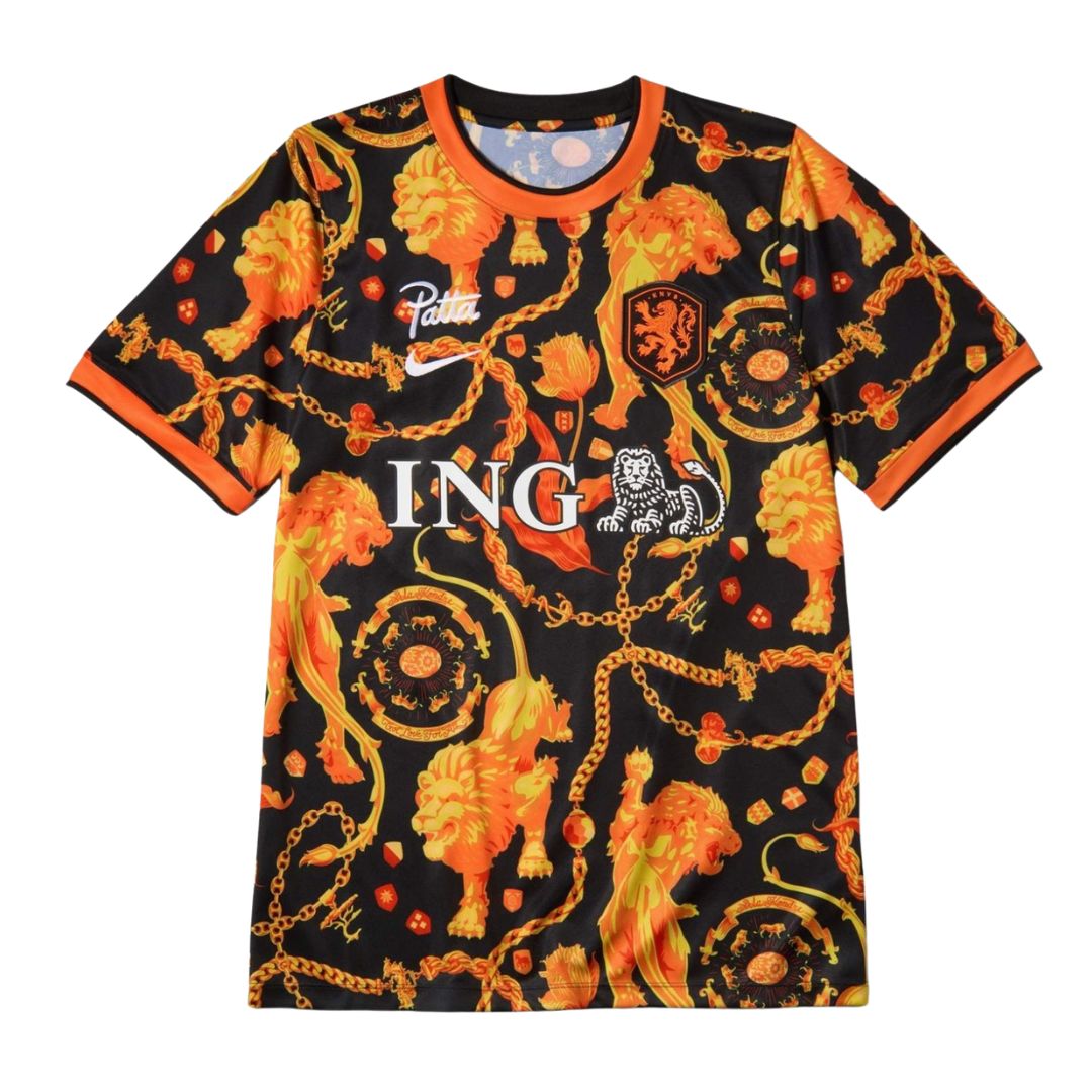 Netherlands 2026 pre-match shirt front with ornate orange print