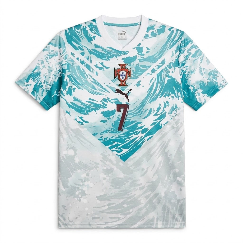 Portugal 2026-27 away shirt front, white with teal brush print
