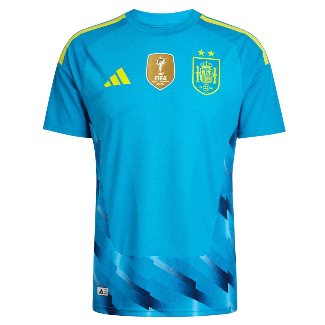 Spain 2026-27 blue goalkeeper shirt front with green and navy pattern