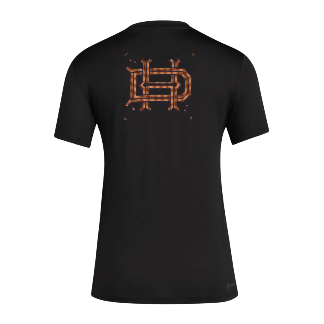 Houston Dynamo 2026 black travel shirt back with orange HD monogram