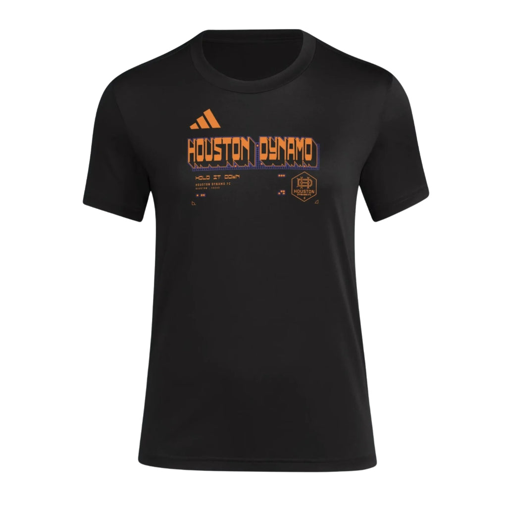Houston Dynamo 2026 black travel shirt front with orange graphic