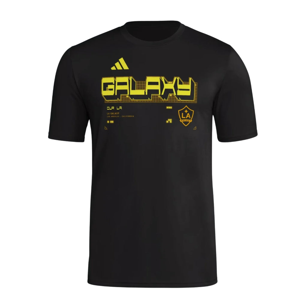 LA Galaxy 2026 black travel shirt front with yellow GALAXY graphic