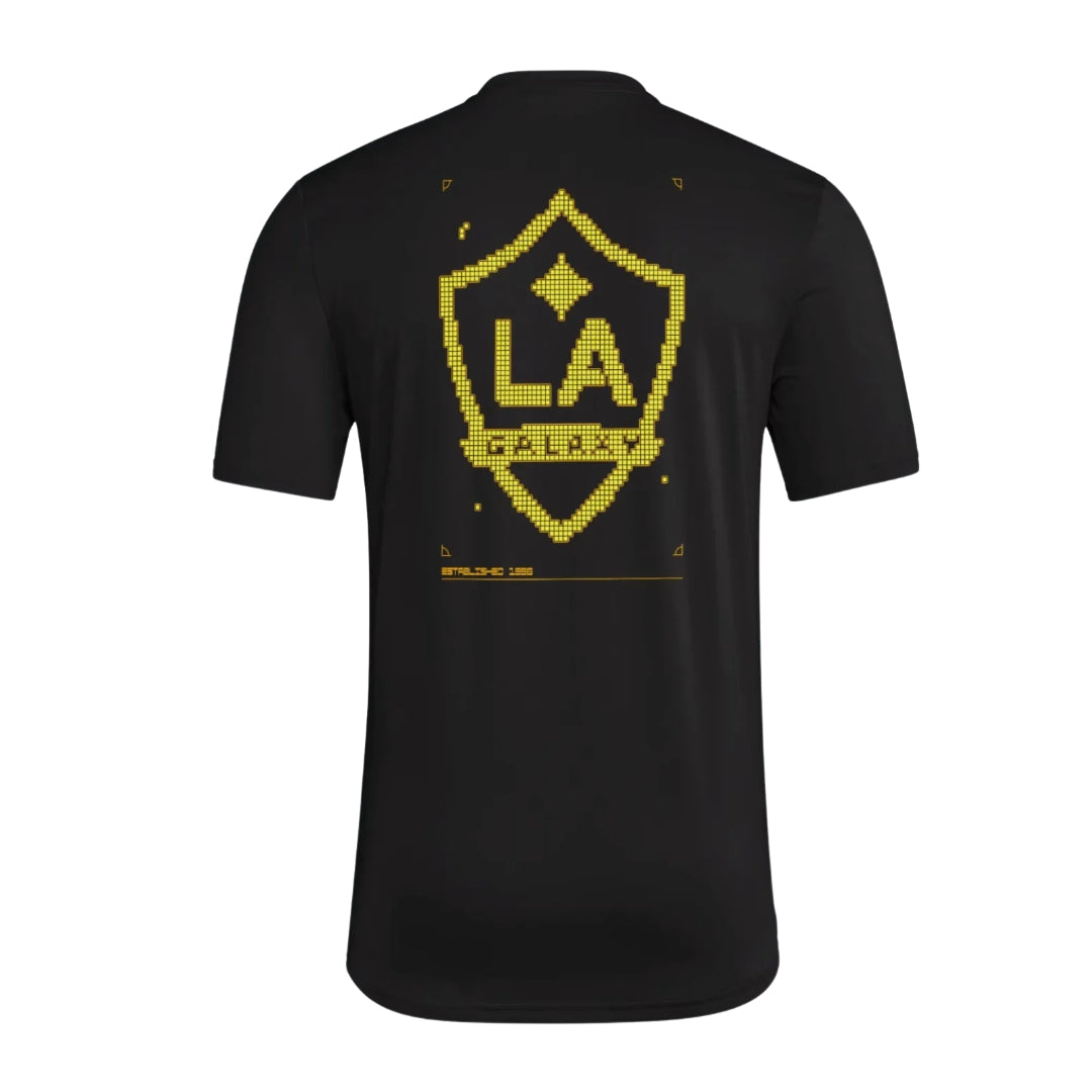 LA Galaxy 2026 black travel shirt back with large yellow crest