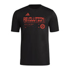 New England Revolution 2026 black travel shirt front with red REVOLUTION graphic