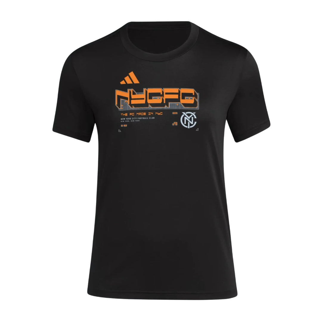 New York City FC 2026 black travel shirt front with orange NYCFC graphic