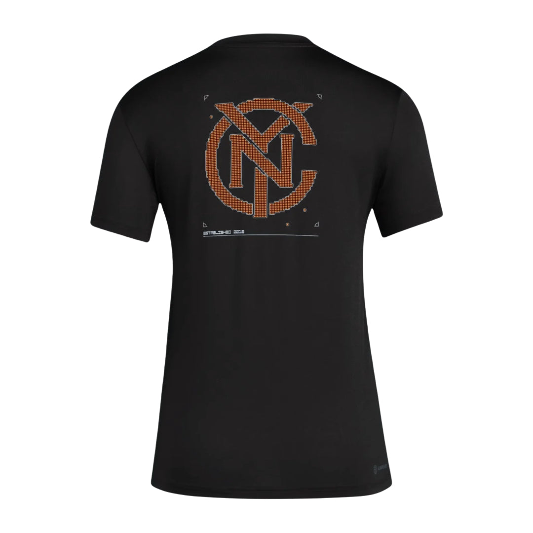 New York City FC 2026 black travel shirt back with NYC monogram