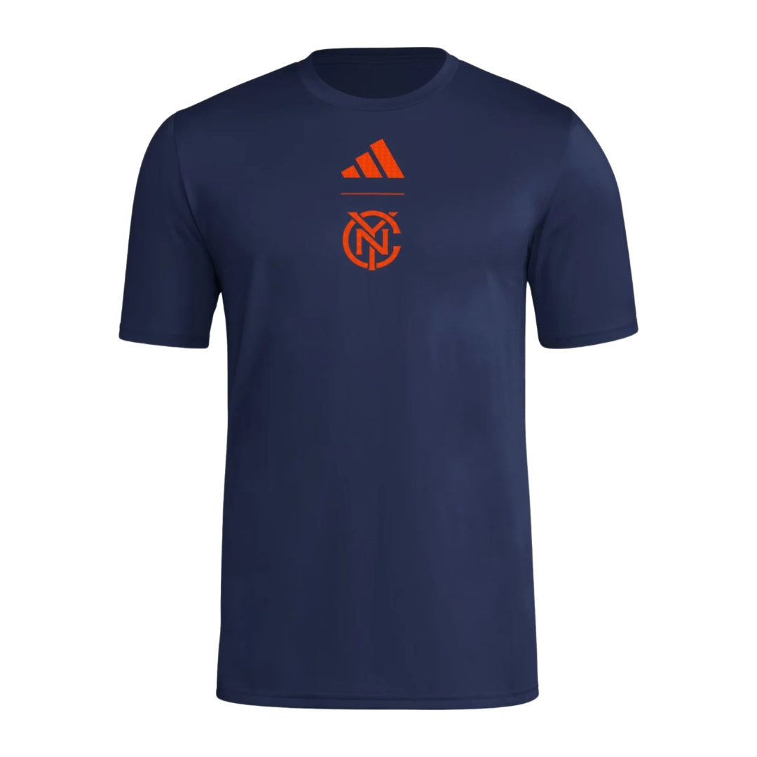 New York City FC 2026 navy travel shirt front with orange crest