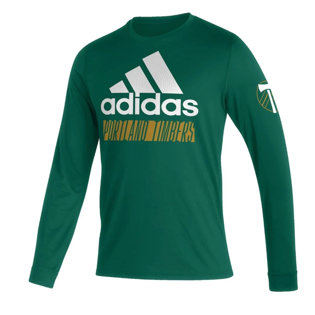 Portland Timbers 2026 long sleeve travel shirt front in green with white logo