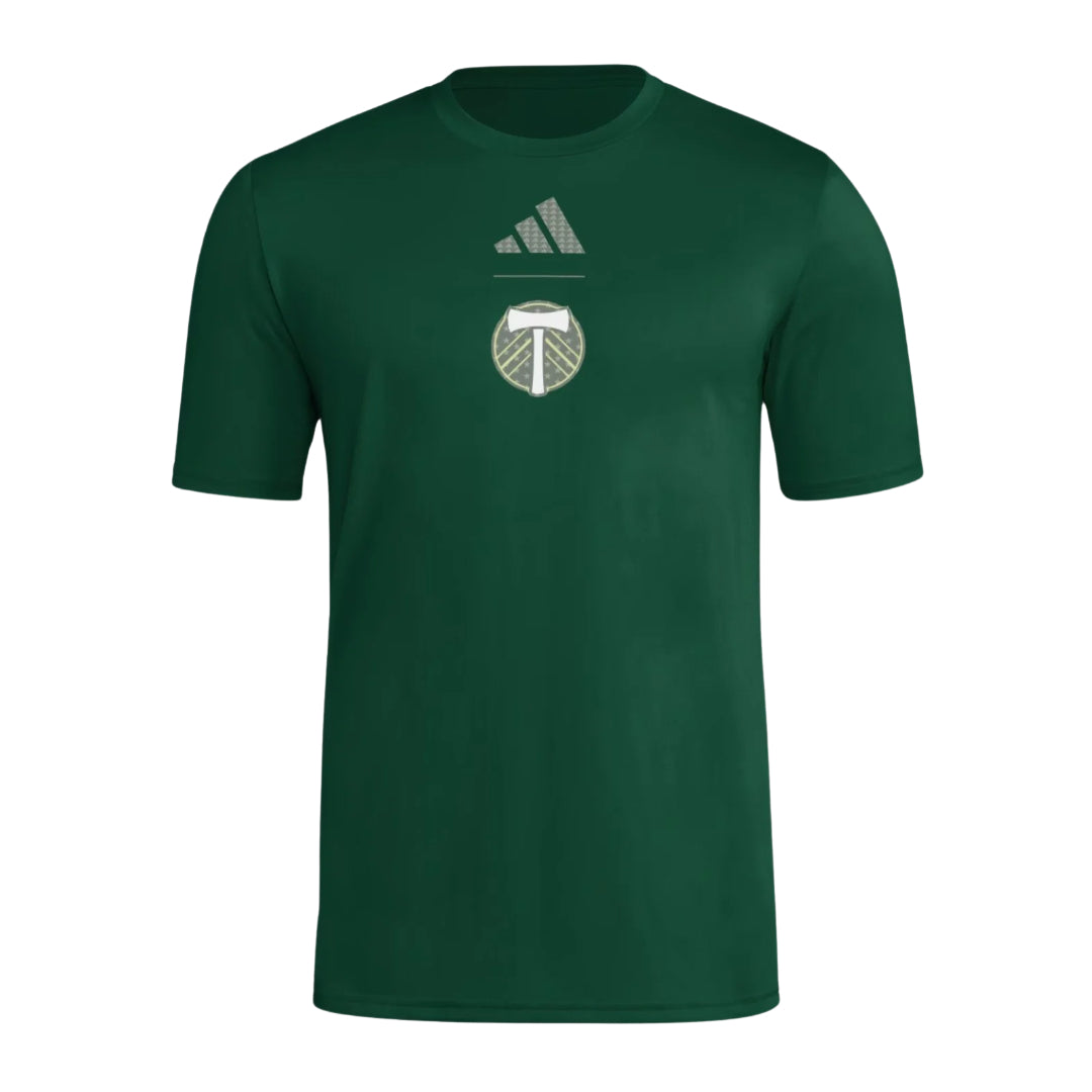 Portland Timbers 2026 green travel shirt front with club crest