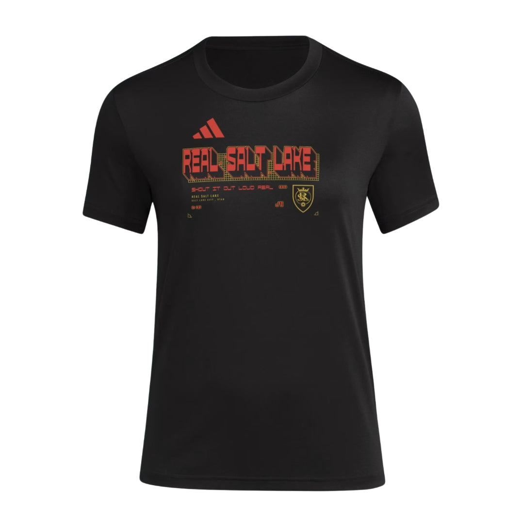 Real Salt Lake 2026 black travel shirt front with red graphic