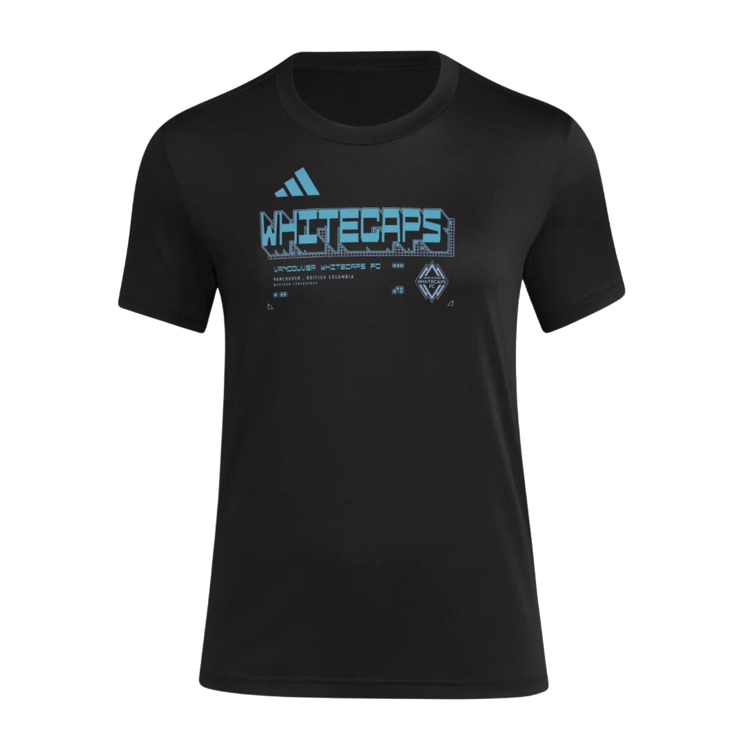 Vancouver Whitecaps 2026 black travel shirt front with blue WHITECAPS graphic