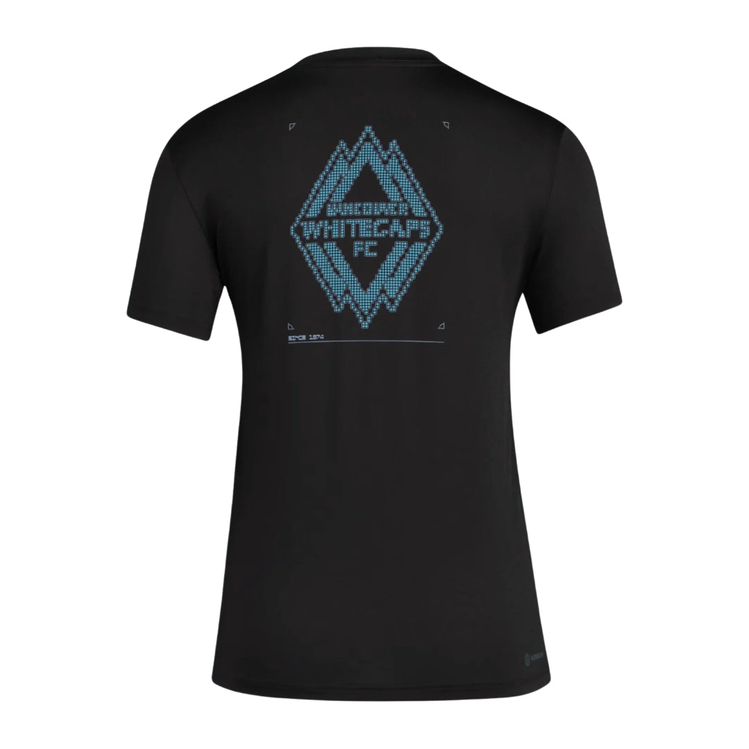 Vancouver Whitecaps 2026 black travel shirt back with outlined crest