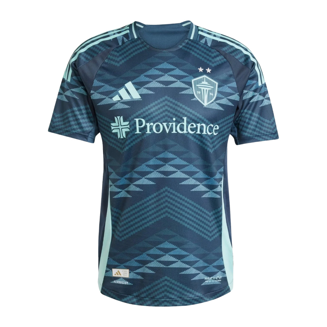 Seattle Sounders FC 2026 away shirt front, navy Salish Sea kit with turquoise pattern
