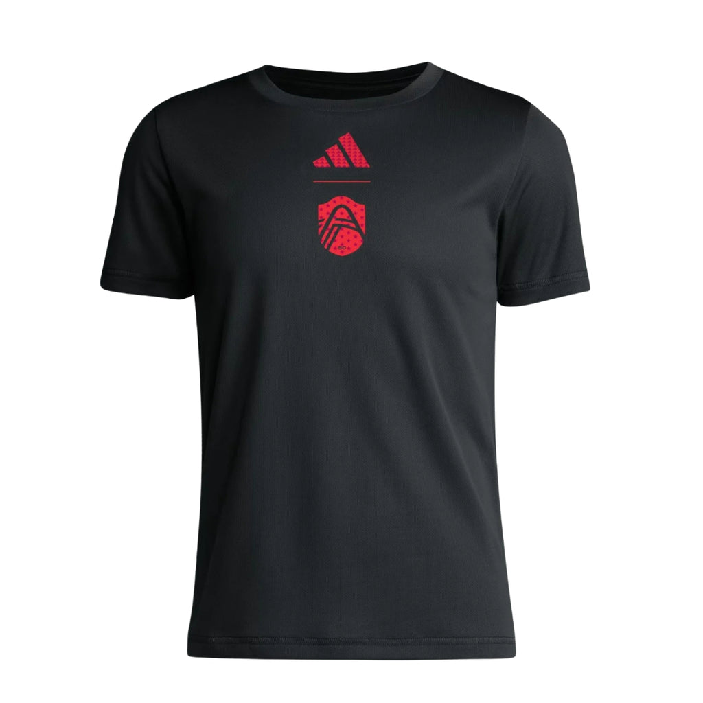 St. Louis City 2026 travel shirt front, black with red crest