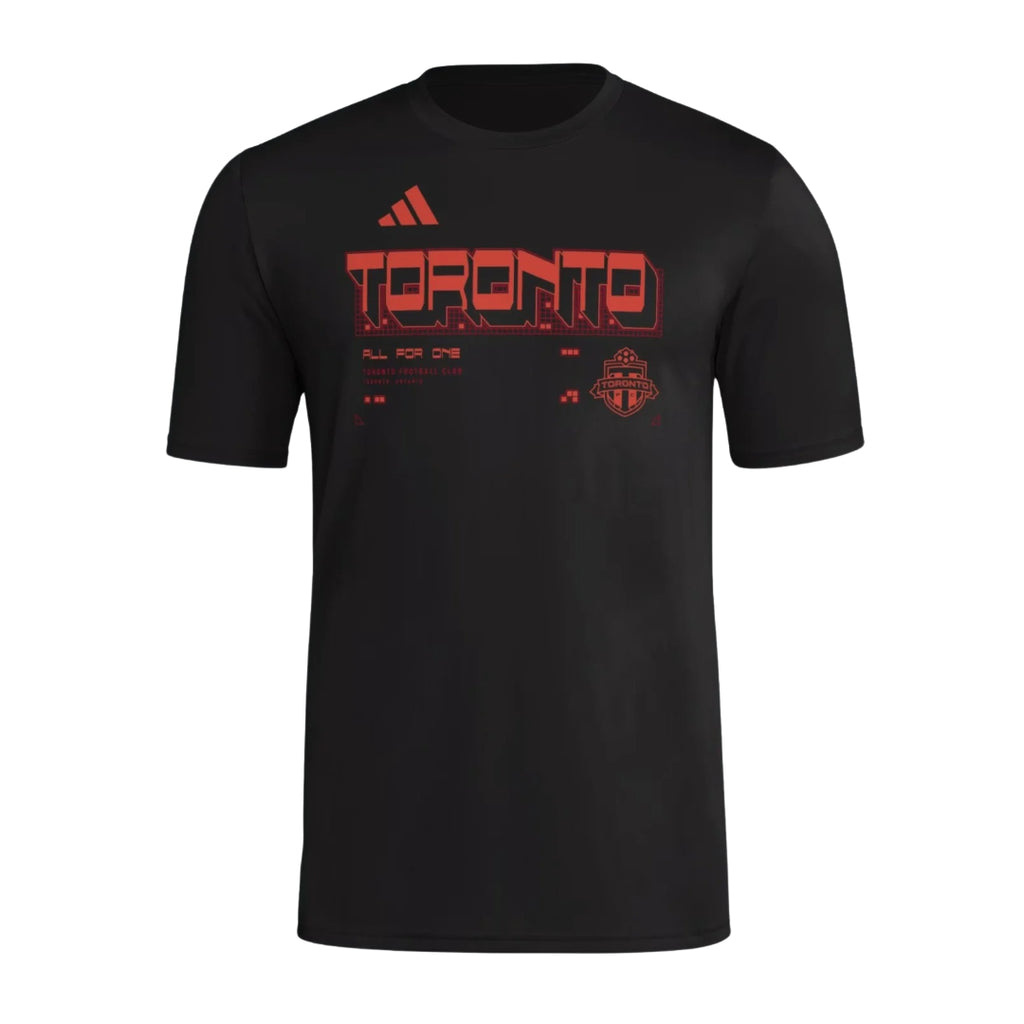 Toronto FC 2026 black travel shirt front with red TORONTO graphic