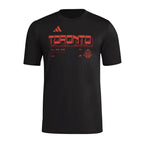 Toronto FC 2026 black travel shirt front with red TORONTO graphic