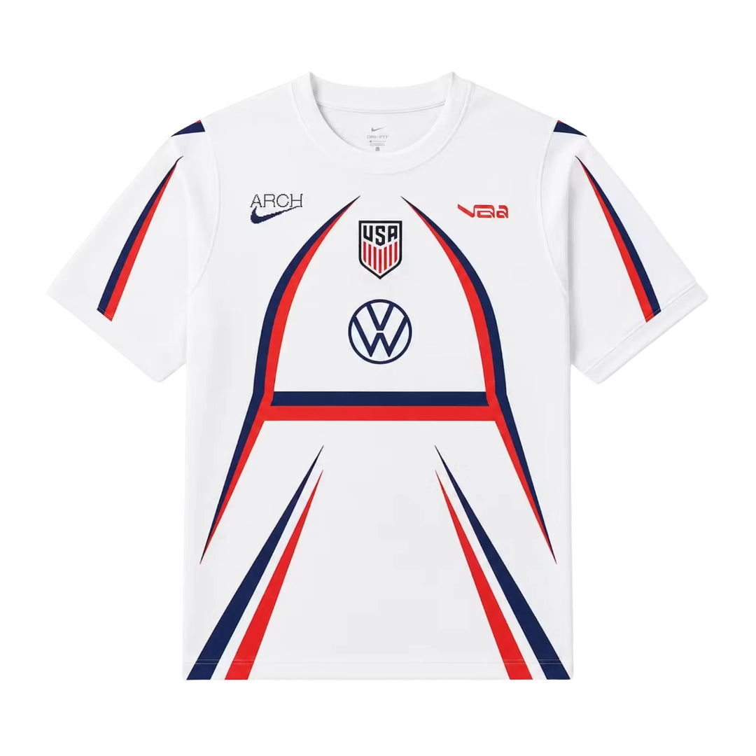 USA 2026 pre-match shirt front, white with red and navy stripes