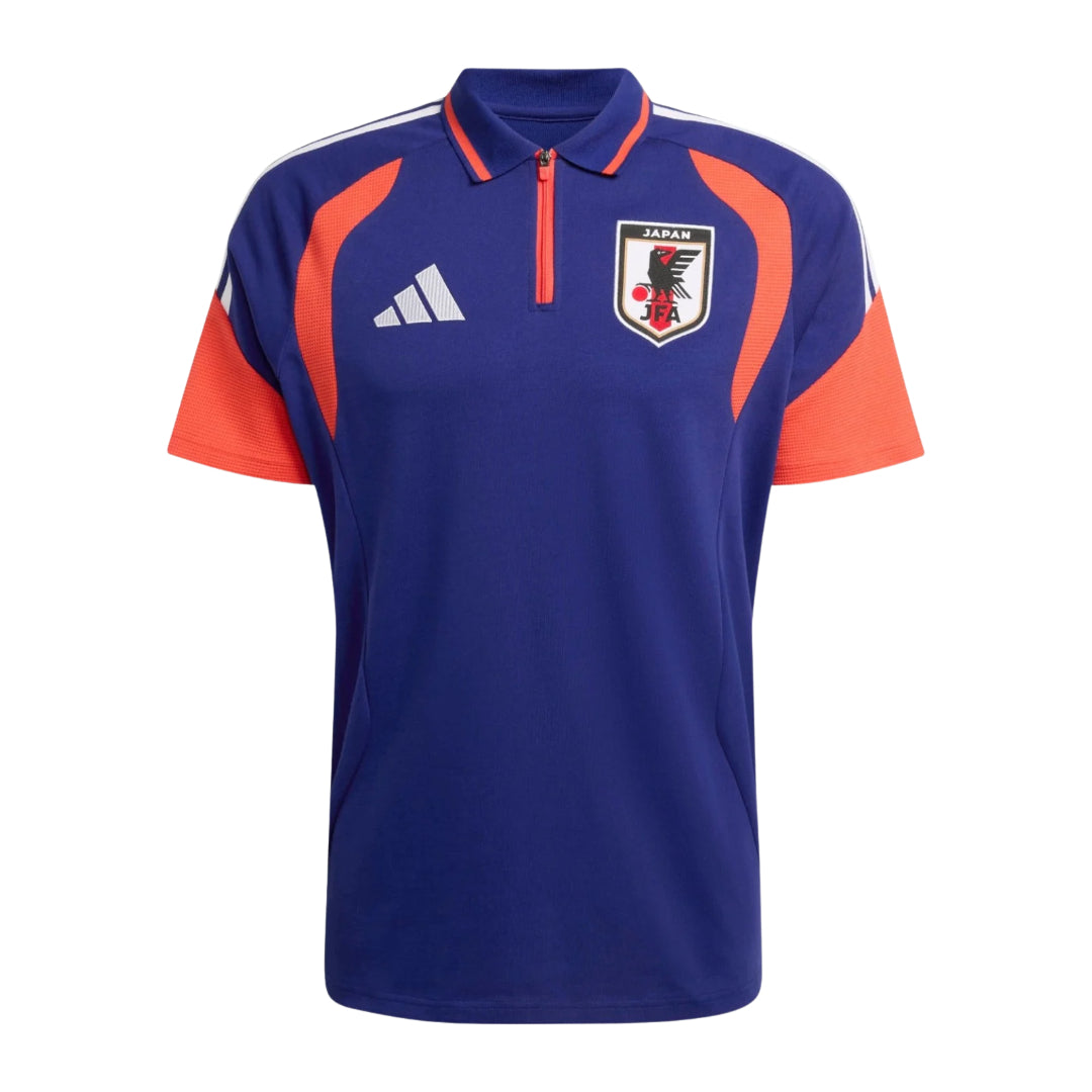 Japan 2026 travel polo shirt front in blue and orange