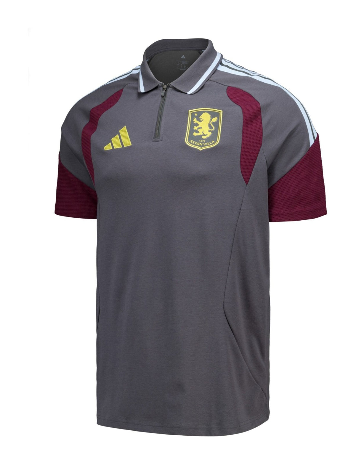 Aston Villa 2026-27 dark grey travel polo front with claret sleeves