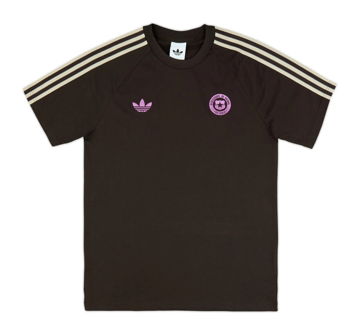 Chile 2026 travel shirt front, dark brown with shoulder stripes