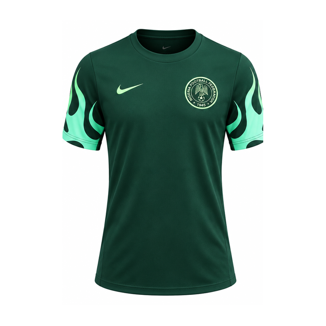 Nigeria 2026 training shirt front, dark green with mint flames