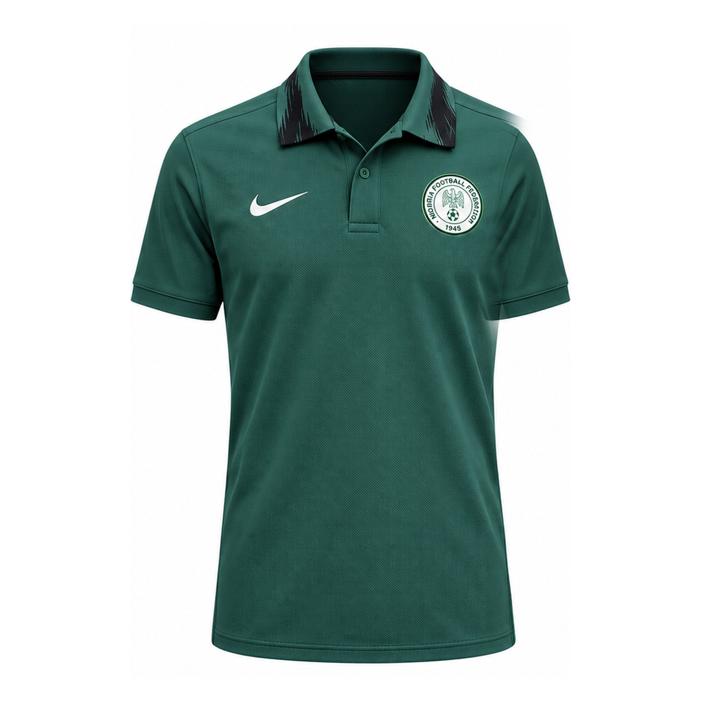 Nigeria 2026 travel polo shirt front, dark green with crest