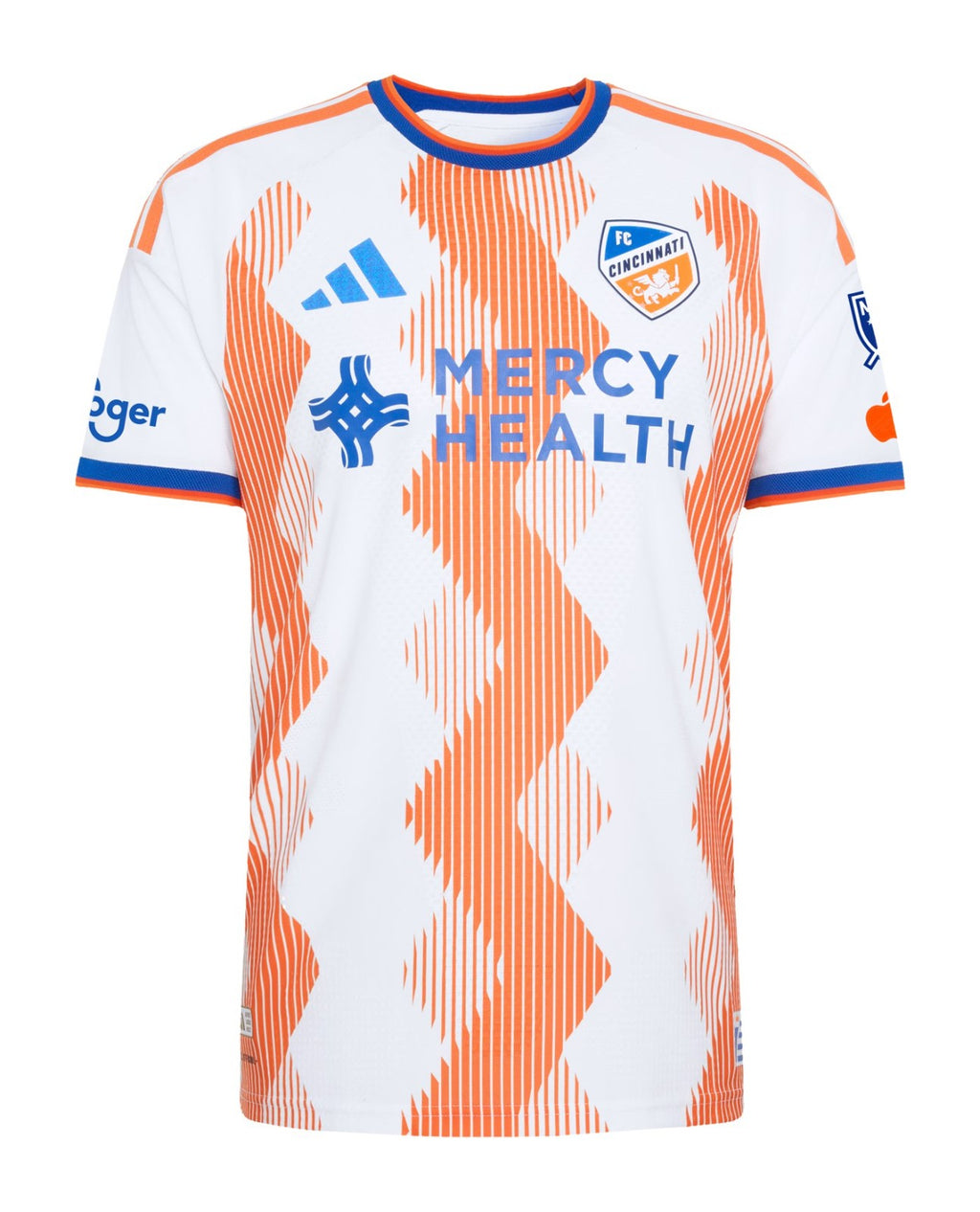 FC Cincinnati 2026 away shirt front, white Seven Hills kit with orange peaks
