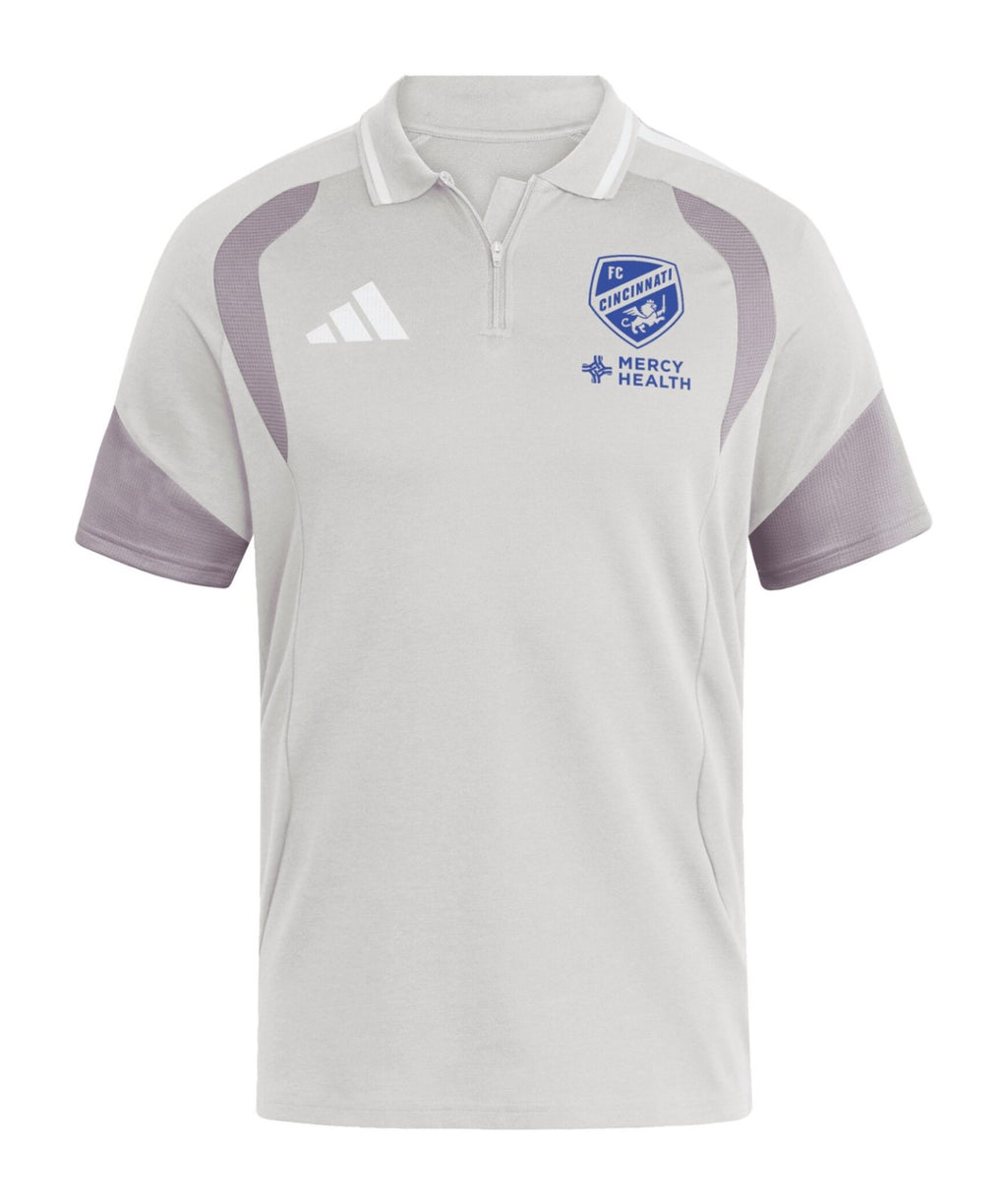 FC Cincinnati 2026 travel polo shirt front, light grey with white collar
