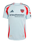 FC Dallas 2026 away shirt front, light blue Inferno kit with red flames