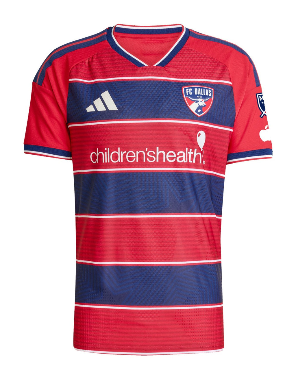 FC Dallas 2026 home shirt front, red DNA kit with blue hoops