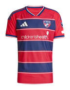 FC Dallas 2026 home shirt front, red DNA kit with blue hoops