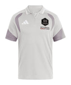 Houston Dynamo 2026 travel polo shirt front, light grey with white collar