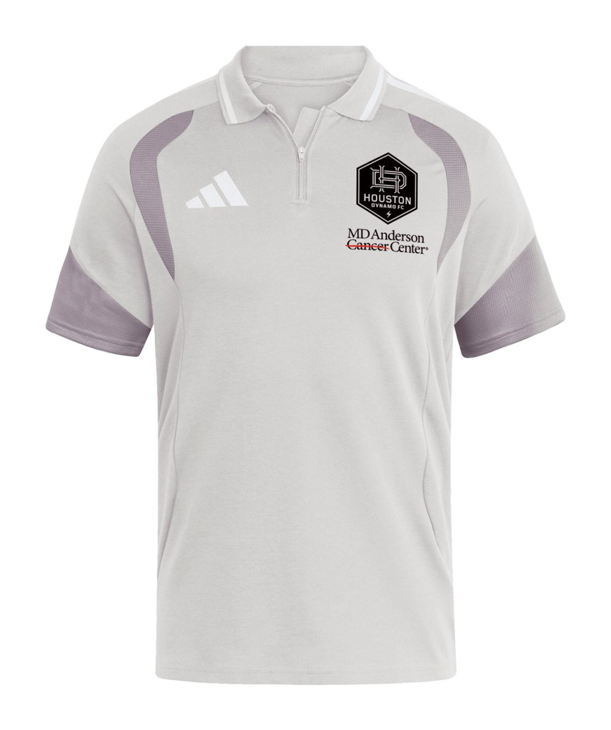 Houston Dynamo 2026 travel polo shirt front, light grey with white collar