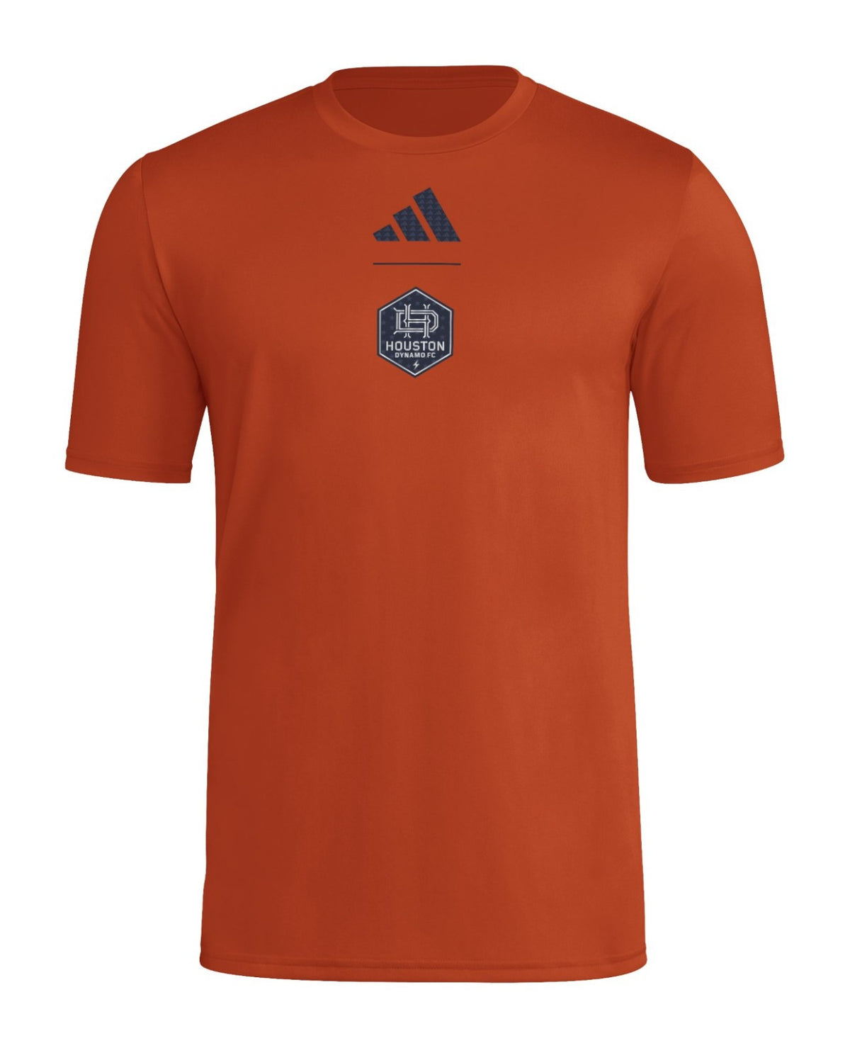 Houston Dynamo 2026 orange travel shirt front with dark crest