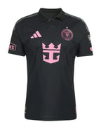 Inter Miami 2026 away shirt front, black Presagio kit with pink crest