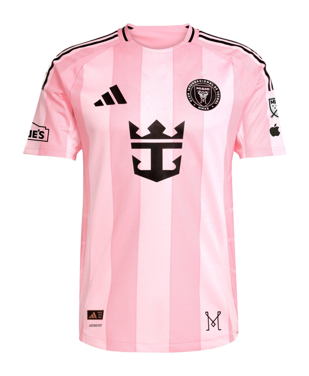Inter Miami 2026 home shirt front, pink with tonal stripes and black trim