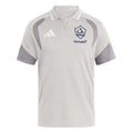 LA Galaxy 2026 travel polo shirt front, light grey with navy crest